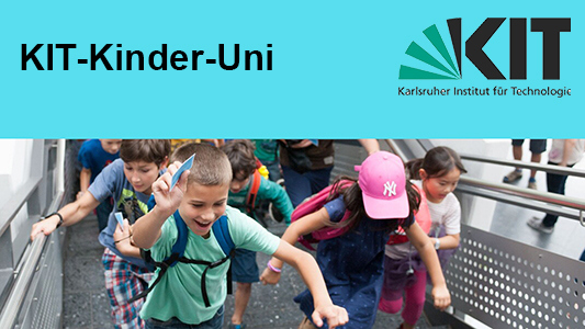 Banner der KIT-Kinder-Uni mit dem KIT-Logo und einer Gruppe begeisterter Kinder.