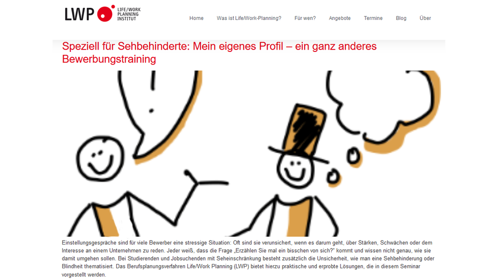 Das Bild zeigt einen Homepageausschnitt des LWP-Trainers Marc Buddensieg. Die Überschrift des Seminars ist aufgeführt, darunter zeigt die Illustration zwei Männchen (Jobsuchender/Ausschreibender). Sie  lächeln, weil sie sich gefunden haben.