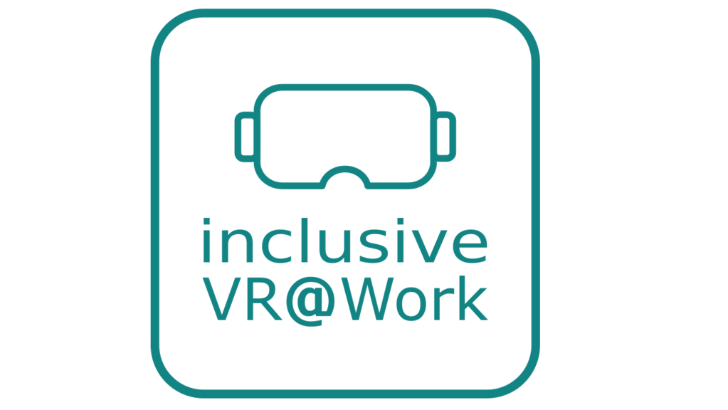 Das Bild zeigt das inclusiveVR-Logo, eine VR-Brille in einem abgerufndeten Quadrat, indem der Schriftzug inclusive VR@Work aufgeführt ist.